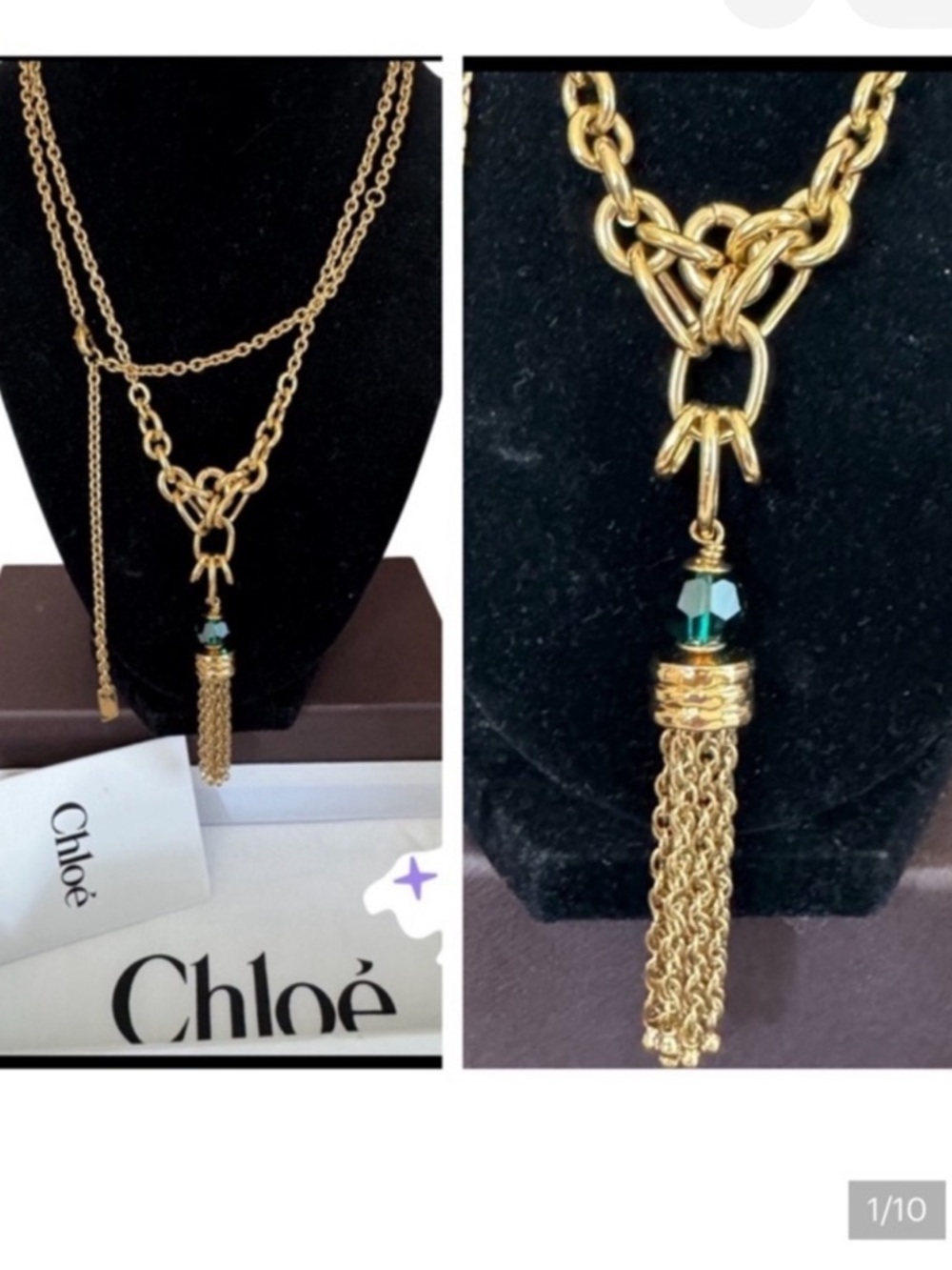CHLOE GOLD BRASS CRYSTAL BEAD TASSEL NECKLACE BOX TISSUE DUST BAG  INFO - Picture 3 of 13